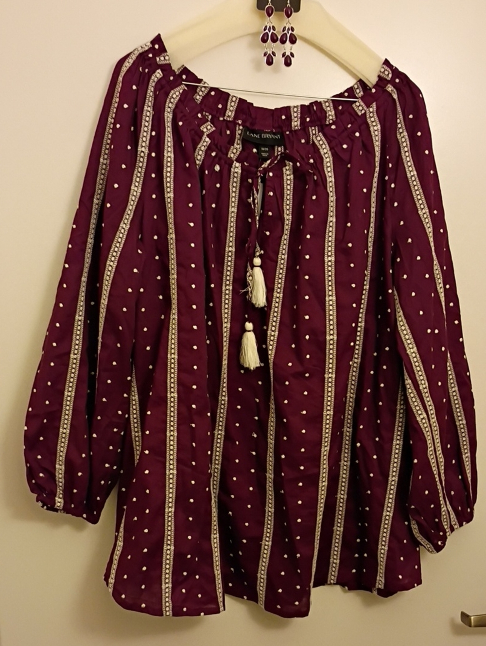 Lane Bryant Plum Bohemian Off-Shoulder Tassel Tunic With Matching Earrings